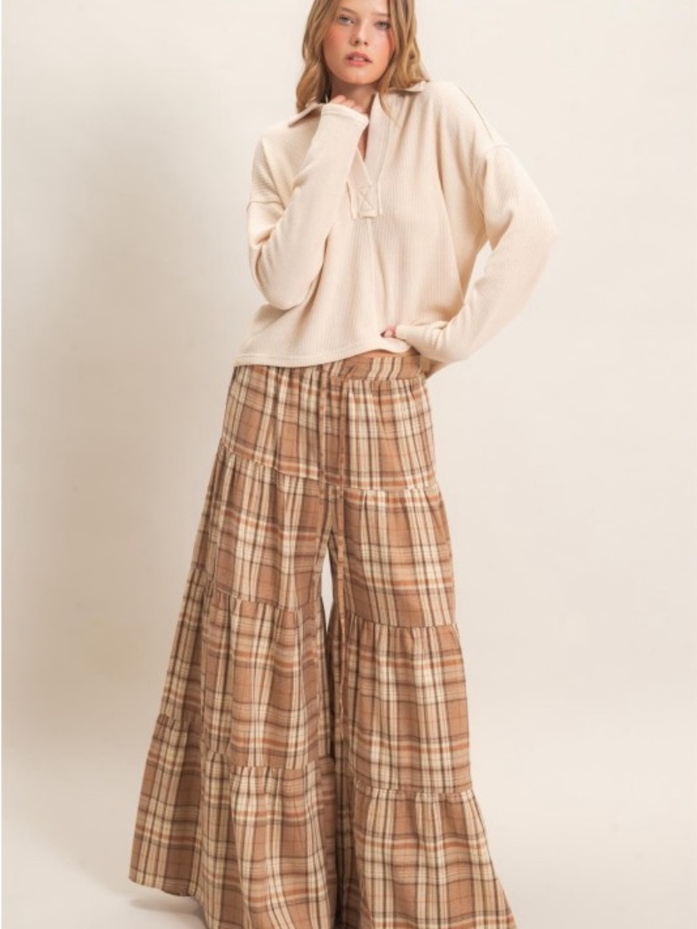 Plaid Tiered Wide-Leg Pants - Beige Plaid